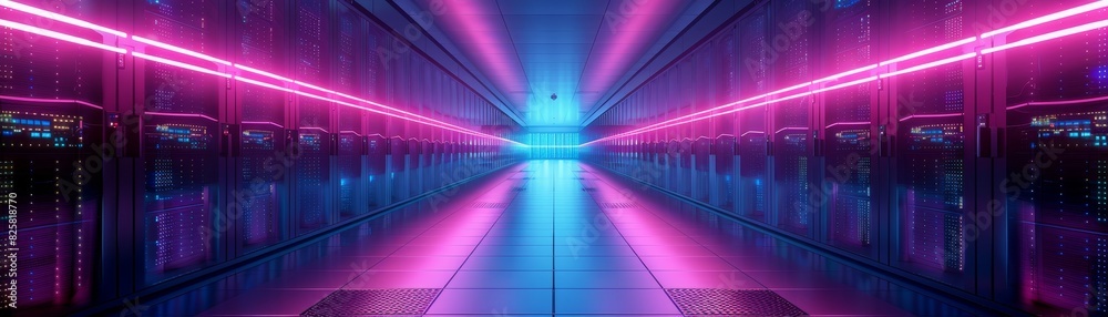 A symmetrical row of servers in a data center is illuminated by neon lights in shades of purple A symmetrical row of servers in a data center is illuminated by neon lights in shades of purple