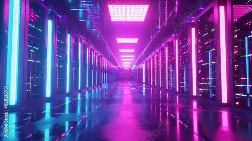 A symmetrical row of servers in a data center is illuminated by neon lights in shades of purple