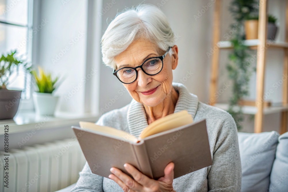 An elderly retired woman, a modern grandmother with glasses, is reading a book in the interior of the living room, sitting in an armchair at home in natural light. An elderly retired woman, a modern grandmother with glasses, is reading a book in the interior of the living room, sitting in an armchair at home in natural light.