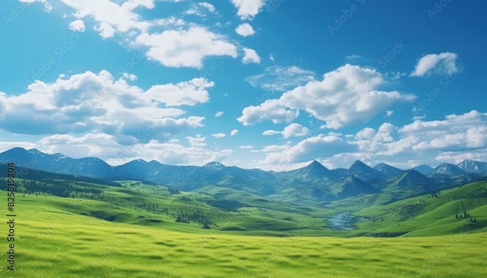 Fototapeta premium A stunning spring day landscaping views of fertile land surrounded beautiful green vegetation, wide stretches of hills and mountains with clear skies in spring