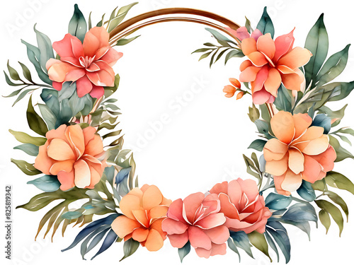 Beautiful colorful photo frame of colorful flowers with various flowers and leaves arranged in a circle on a white background. photo