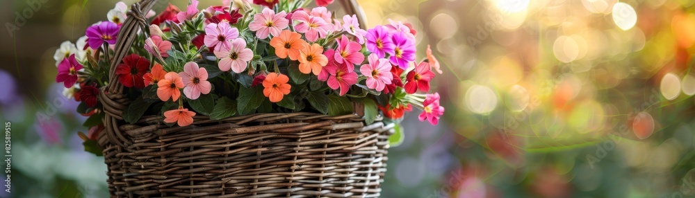 A pretty woven basket filled with assorted flowers hanging