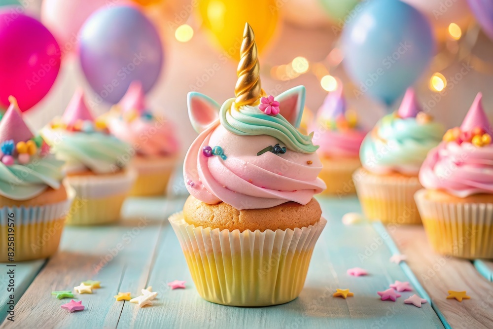 Unicorn cupcakes decorated with colorful buttercream icing and sprinkles and balloon for birthday party
