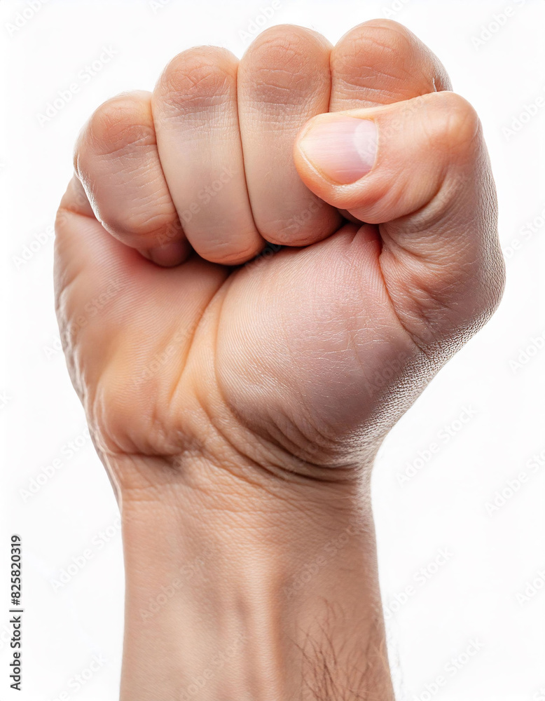 Clenched fist symbolizing strength and unity on a clean white background, perfect for empowerment themes.