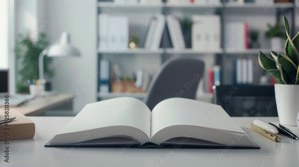 An open white book on a modern desk with office supplies around it, symbolizing knowledge and productivity in a work environment An open white book on a modern desk with office supplies around it, symbolizing knowledge and productivity in a work environment