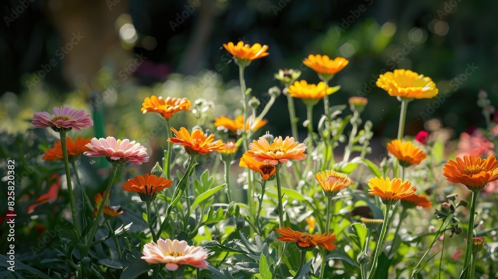 Colorful calendula flowers blooming in a sunny garden Colorful calendula flowers blooming in a sunny garden
