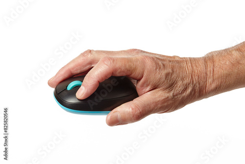 Computer mouse in male hand isolated on a white background. Old man holding computer mouse