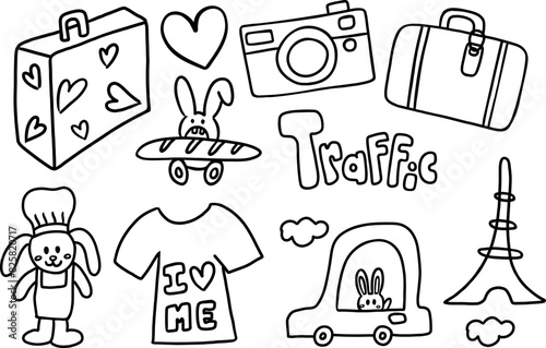 Hand drawn travel illustration outlines such as luggage, bag, camera, souvenir, car, Eiffel Tower, bunny doll for trip, colouring book, vacation, journey, holidays, stickers, logo, icon, post card