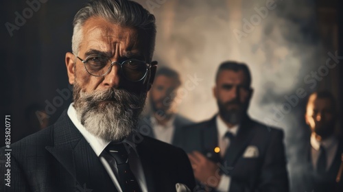 A middle-aged bearded gentleman in a mafia uniform looks Danger stands in front of his team. photo