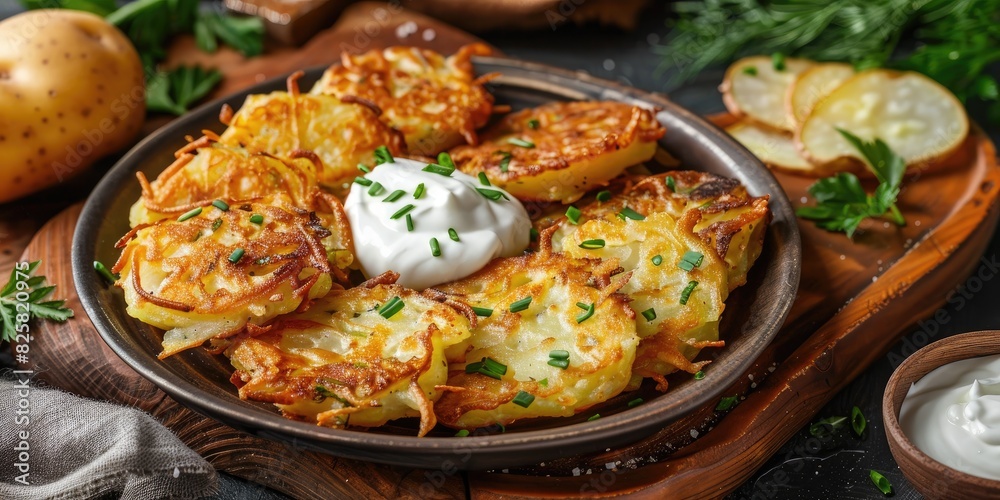 Potato pancakes with sour cream on plate Potato pancakes with sour cream on plate