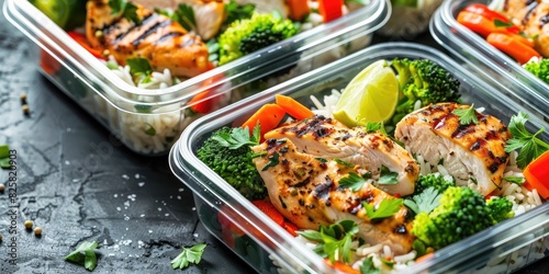 Containers of well-organized meal prep with a healthy balance of proteins, carbohydrates, and veggies for a nutritious diet © kardaska