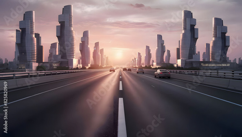 Asphalt road and city skyline with buildings at sunset