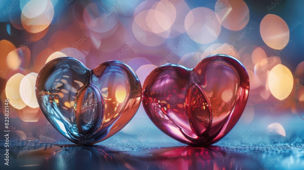 Two clear crystal hearts on bokeh background for Valentine's Day celebration gift. Two clear crystal hearts on bokeh background for Valentine's Day celebration gift.