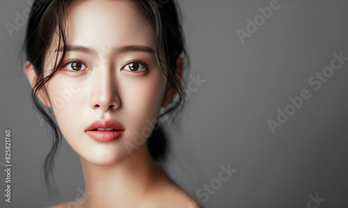 Studio shot of a Beautiful Asian idol girl with healthy skin looking at the camera. Natural makeup of a beautiful model with copy space. Cosmetic concept. photo