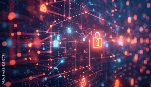 Abstract futuristic digital network with glowing padlock icons  representing cybersecurity  data protection  and secure online connections.