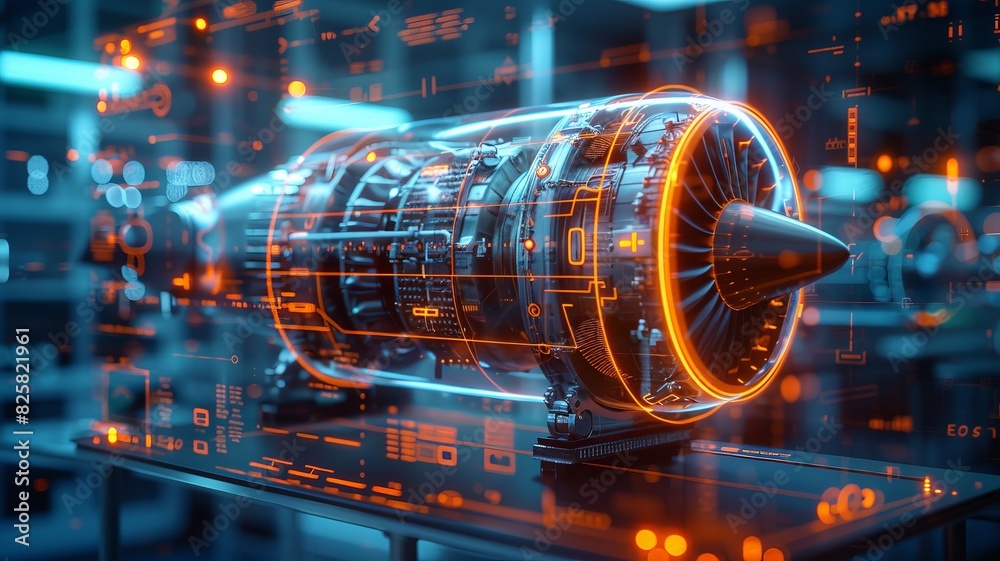 Futuristic engine model displayed in a high-tech laboratory with glowing orange digital interface and holographic projections. Futuristic engine model displayed in a high-tech laboratory with glowing orange digital interface and holographic projections.