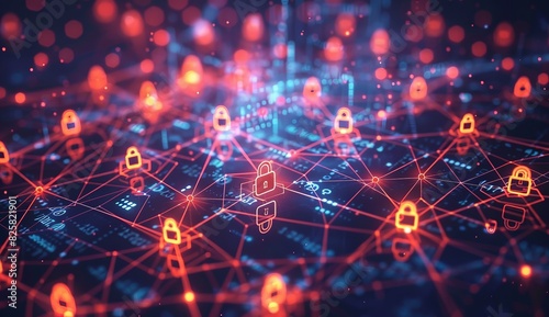 Digital security concept with visual representation of interconnected network and cybersecurity locks, conveying data protection and safety.