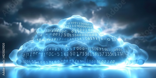 D Blue Cloud with Glowing Binary Code Digits: A Representation of Cloud Computing. Concept Technology, Cloud Computing, Digital Innovation, Binary Code, Data Storage photo