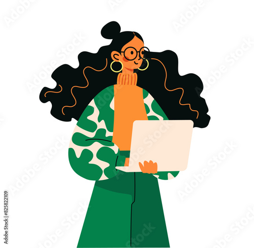 Flat vector illustration. Cute girl with bouffant hairstyle standing and holding a laptop. Illustration in tripod style . Vector illustration