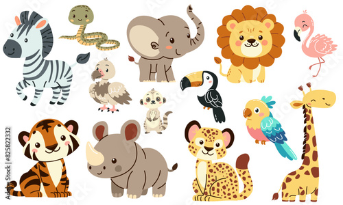 Set of flat vector illustrations in children's style of savannah animals. Cute rhinoceros lemur lion flamingo toucan vulture vulture snake zebra parrot tiger giraffe leopard cheetah . Vector