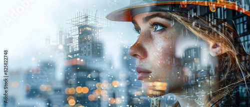 banner of a Close up, female Construction engineering concept, represented by a double exposure of building engineers, architects, or construction workers at work