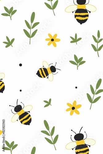 Seamless pattern with cartoon bees and floral elements