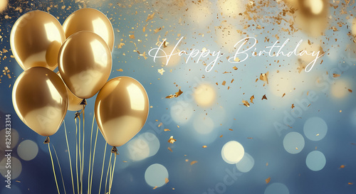 青い背景に浮かぶ金色の風船　舞う金色の紙吹雪とデコレーションのレンズボケ　誕生日・パーティーの楽しいカラフルな背景　テキストスペースHappy Birthdayのテキスト photo
