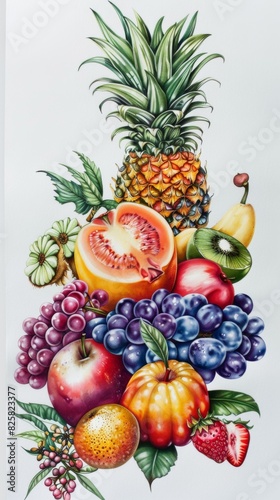 A painting of a fruit salad with a variety of fruits including apples  oranges