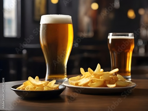 A glass of beer next to a plate of chips and a glass of beer InternationalBeerDay photo