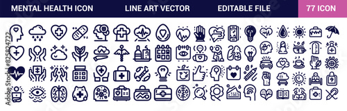 Mental health icon set. Editable Stroke. It Contains such icons as, Anxiety, Care, Depression, Emotional Stress, Healthcare, Medicine, Human Brain, and Therapy and vector icons collection.