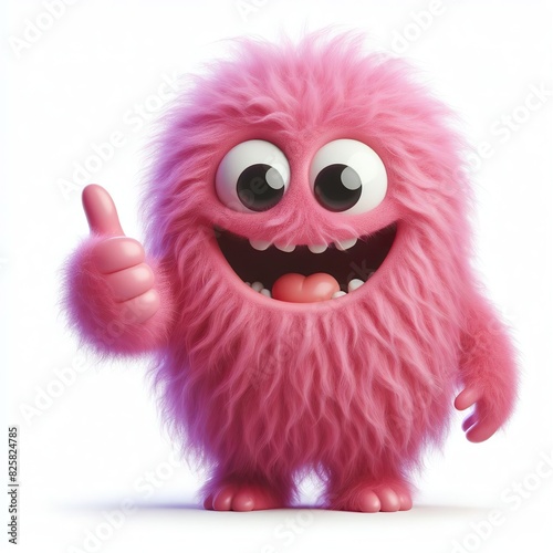 pink monster that is Very very soft and fuzzy. giving thumbs up  white background
