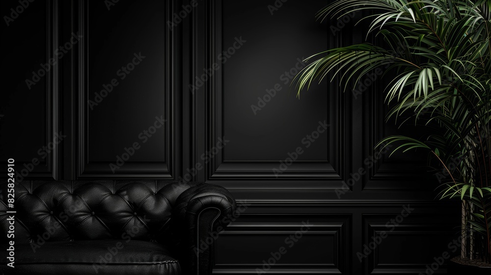 Elegant black interior with classic leather sofa and decorative plant