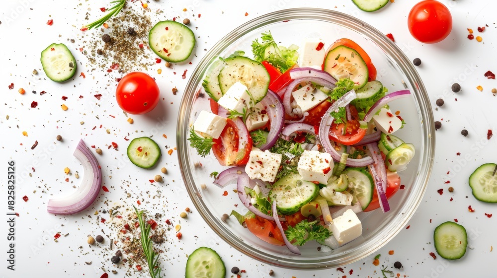 Fresh Greek salad with feta cheese and vegetables on white background