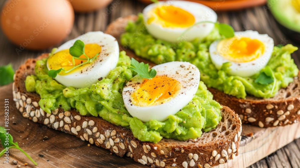 Healthy avocado toast with boiled eggs on a rustic table