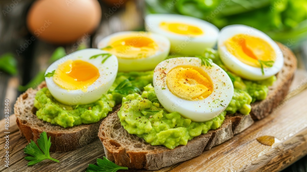 Fresh avocado toast with sliced boiled eggs on wooden board
