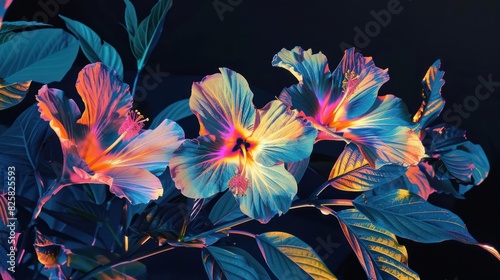 Flowers neon blue and red silhouettes on black background, blooming plants in style of heat map, AI generated image