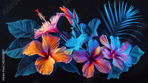 Flowers neon blue and red silhouettes on black background, blooming plants in style of heat map, AI generated image