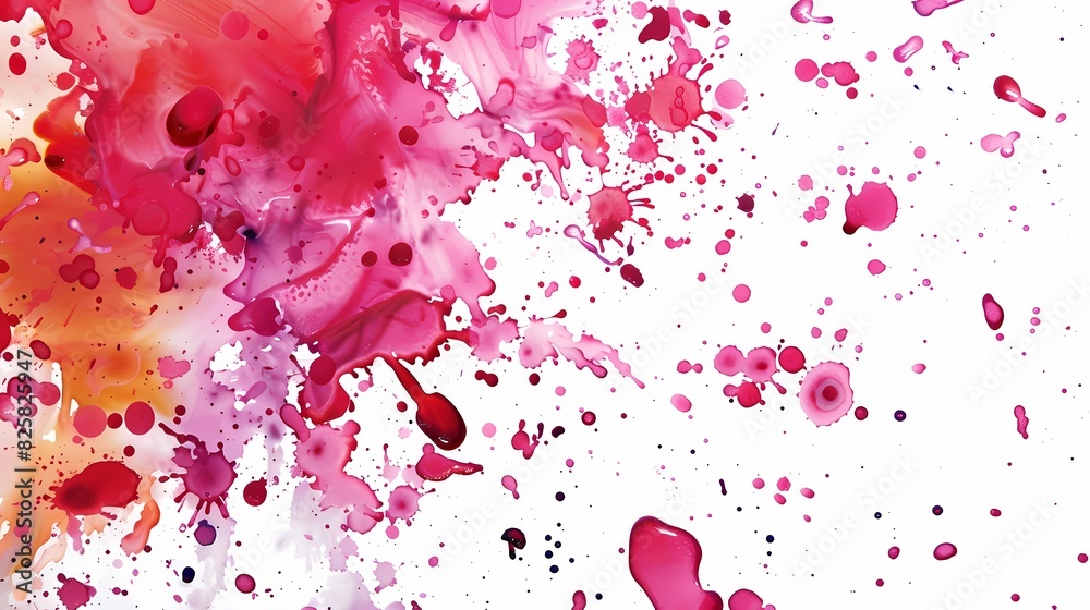 Vibrant ruby paint splatters in various colors against a pristine white backdrop, creating a captivating abstract composition