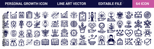 Personal growth icon set. Editable Stroke. contains such icons as Leadership, Learning, Skill, Motivation, Winner, Success, Competition, growth profit, innovation, progress, strategy, and icon concept