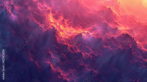  A computer-generated image displays a pink and blue sky filled with clouds and stars In the foreground, there's a red and blue sky with scattered white stars photo