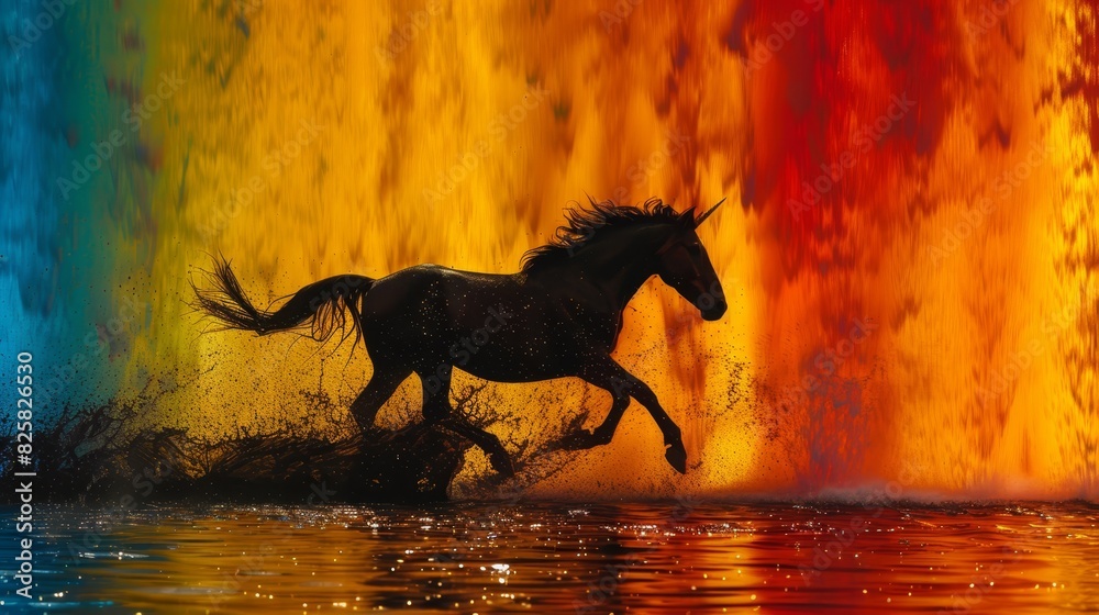 A horse gallops through water, surrounded by a vibrant, layered wall of cascading waves Two distinct splashes of water punctuate the scene in the foreground A horse gallops through water, surrounded by a vibrant, layered wall of cascading waves Two distinct splashes of water punctuate the scene in the foreground