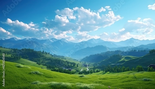 A stunning spring day landscaping views of fertile land surrounded beautiful green vegetation, wide stretches of hills and mountains with clear skies in spring © Virgo Studio Maple