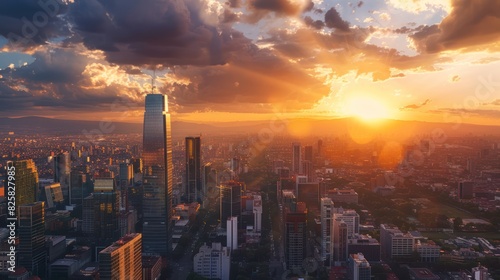 Aerial view of the skyscraper district and the city at sunset.