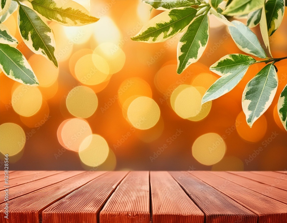 Organic Elegance: Lush Leaves and Bokeh Effect on Wooden Platform Organic Elegance: Lush Leaves and Bokeh Effect on Wooden Platform