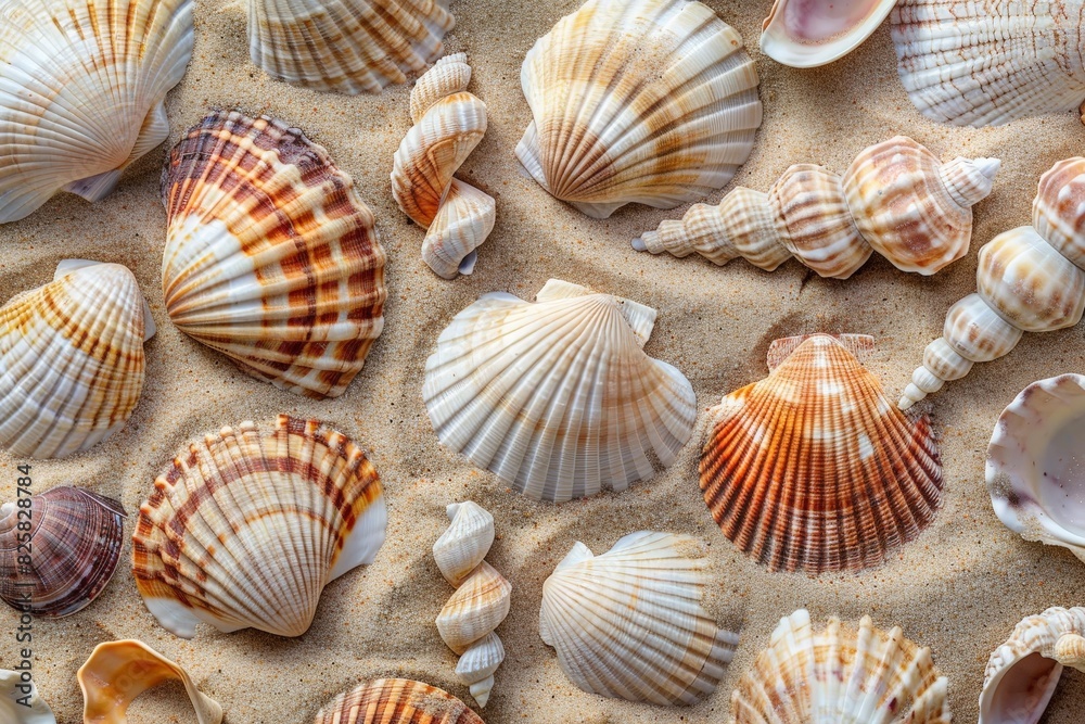 Assortment of colorful seashells on sandy beach