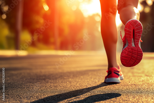 Close up on shoe, Runner athlete feet running on road under sunlight in the morning.