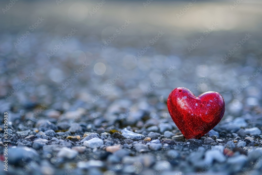 Fototapeta premium Sparkling red heart on a pebble beach