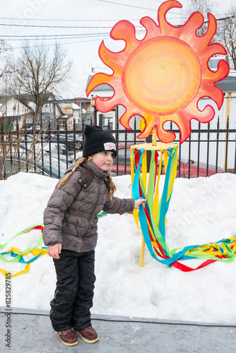 Russia, Moscow region - March 17, 2024. Maslenitsa. Folk festivals. A thematic photo zone.