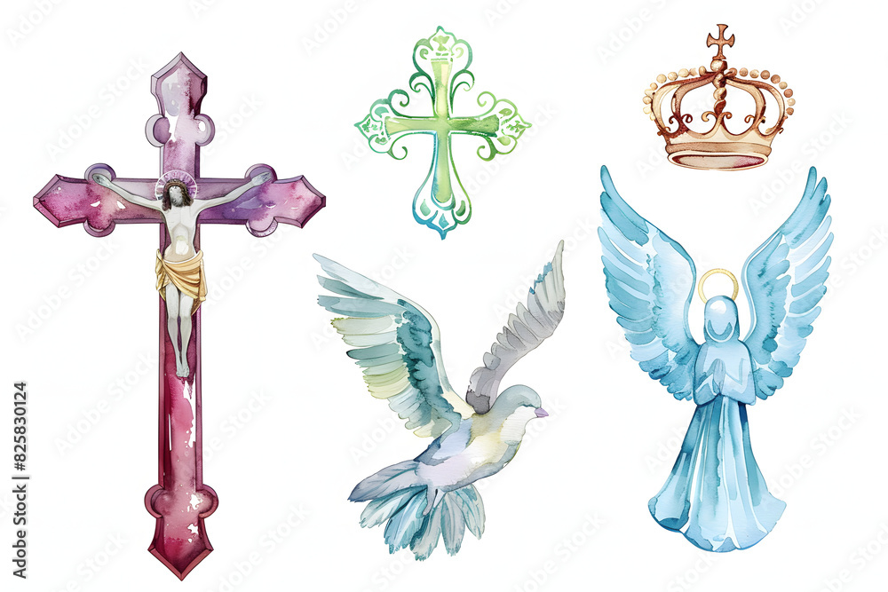 Holy Trinity symbols. Cross, crown and dove of Holy Spirit. Watercolor ...