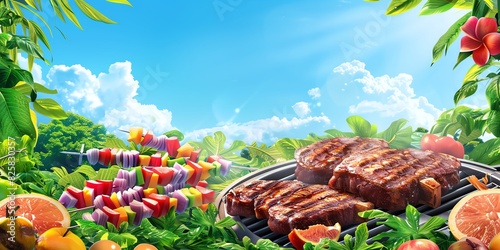 Illustrate a lively outdoor grilling setup with classic grill marks on juicy steaks, colorful kebabs, and a backdrop of lush greenery under a clear blue sky photo